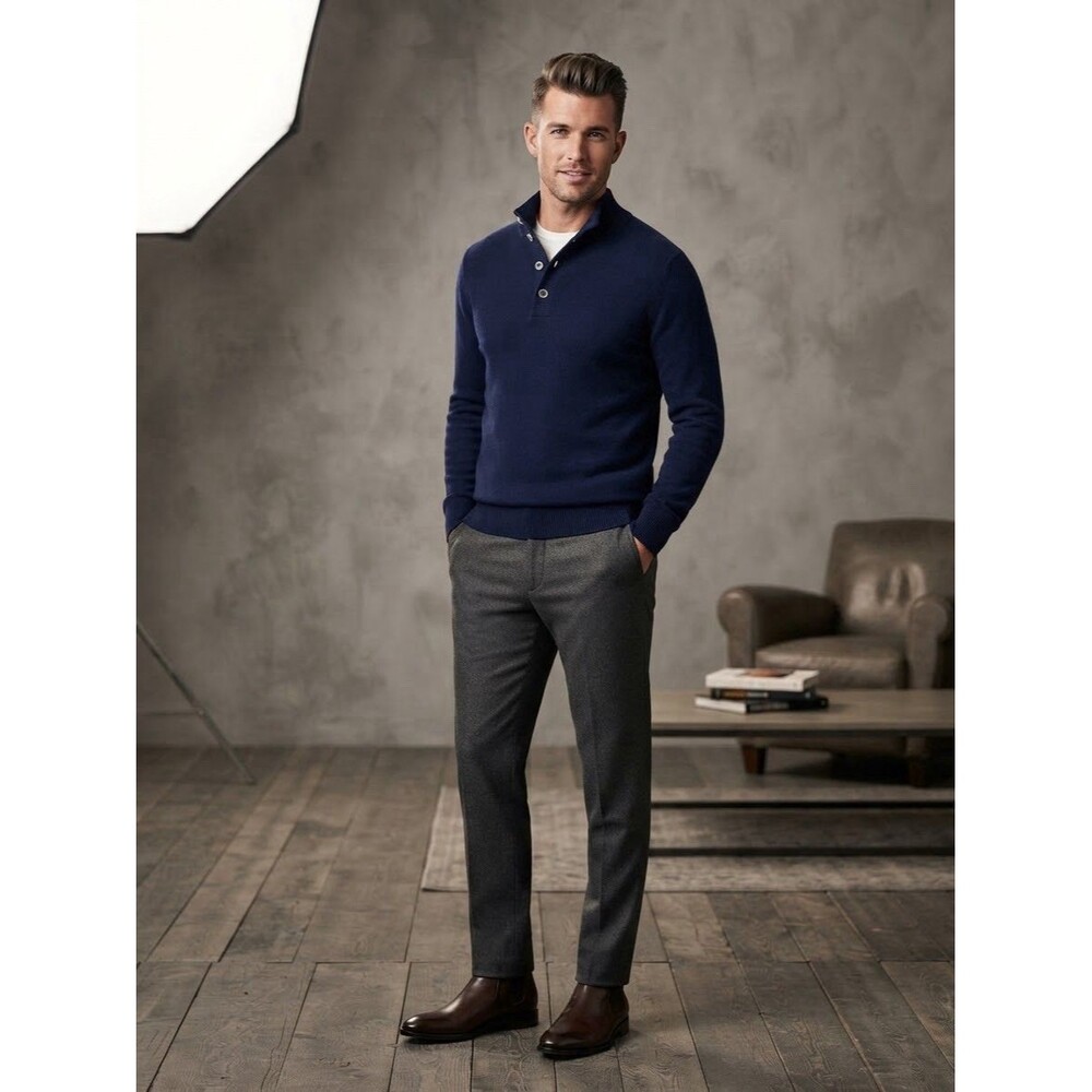 Peter Millar Luxe Blend Sweater Navy Men M Wool Cashmere Mock Neck Button